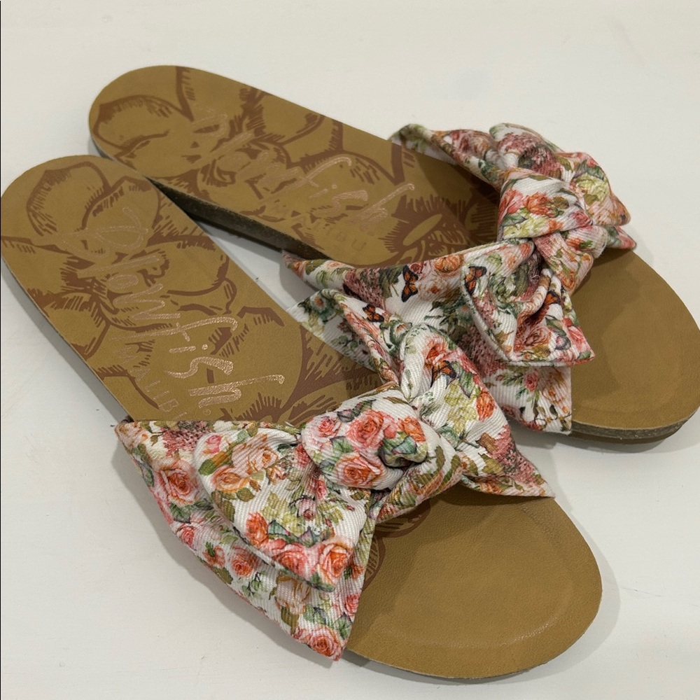 Blowfish Malibu Floral Twill Bow Slip on / Slide Sandals |Size 8